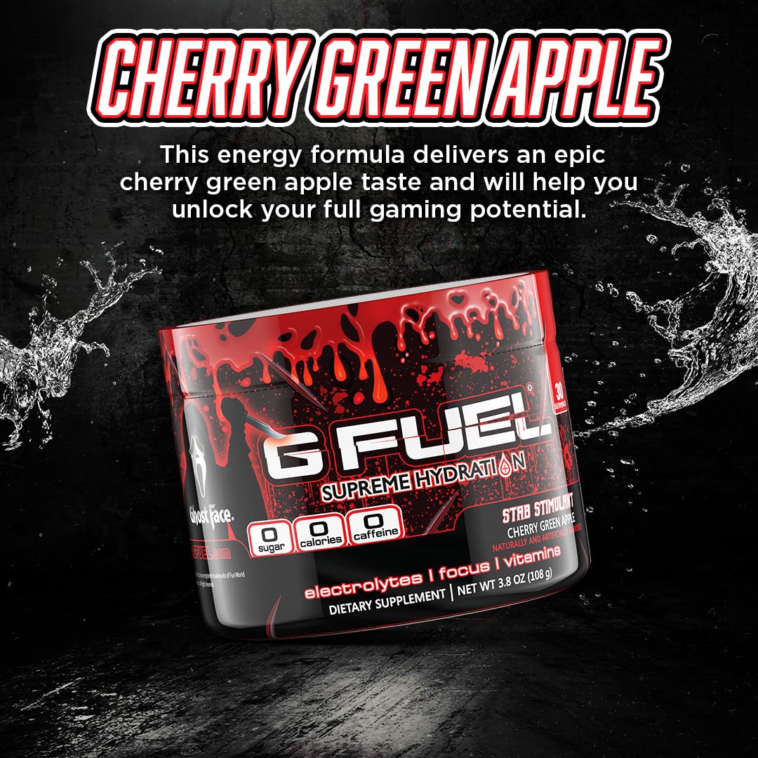 G Fuel Electrolyte Powder, Cherry Green Apple, Stab Stimulant, Zero Sugar and Caffeine-Free Hydration Mix with Electrolytes and Vitamins, 3.8 oz (Ghost Face, 30 Servings)