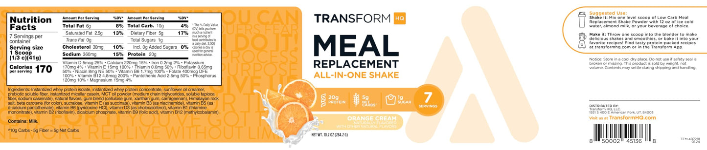 TransformHQ Meal Replacement Shake Powder 7 Servings (Orange Cream) - Gluten Free, Non-GMO