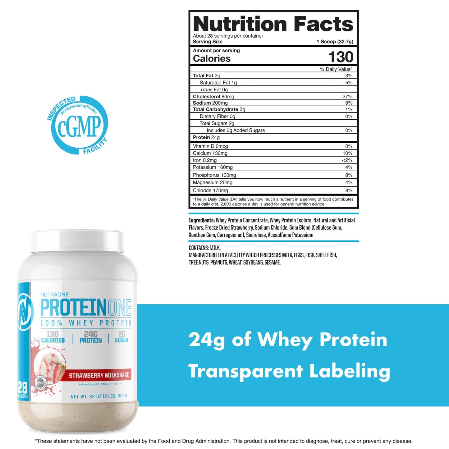 NutraOne ProteinOne Whey Protein Promote Recovery and Build Muscle with a Protein Shake Powder for Men & Women (Strawberry Milkshake, 2 LB)