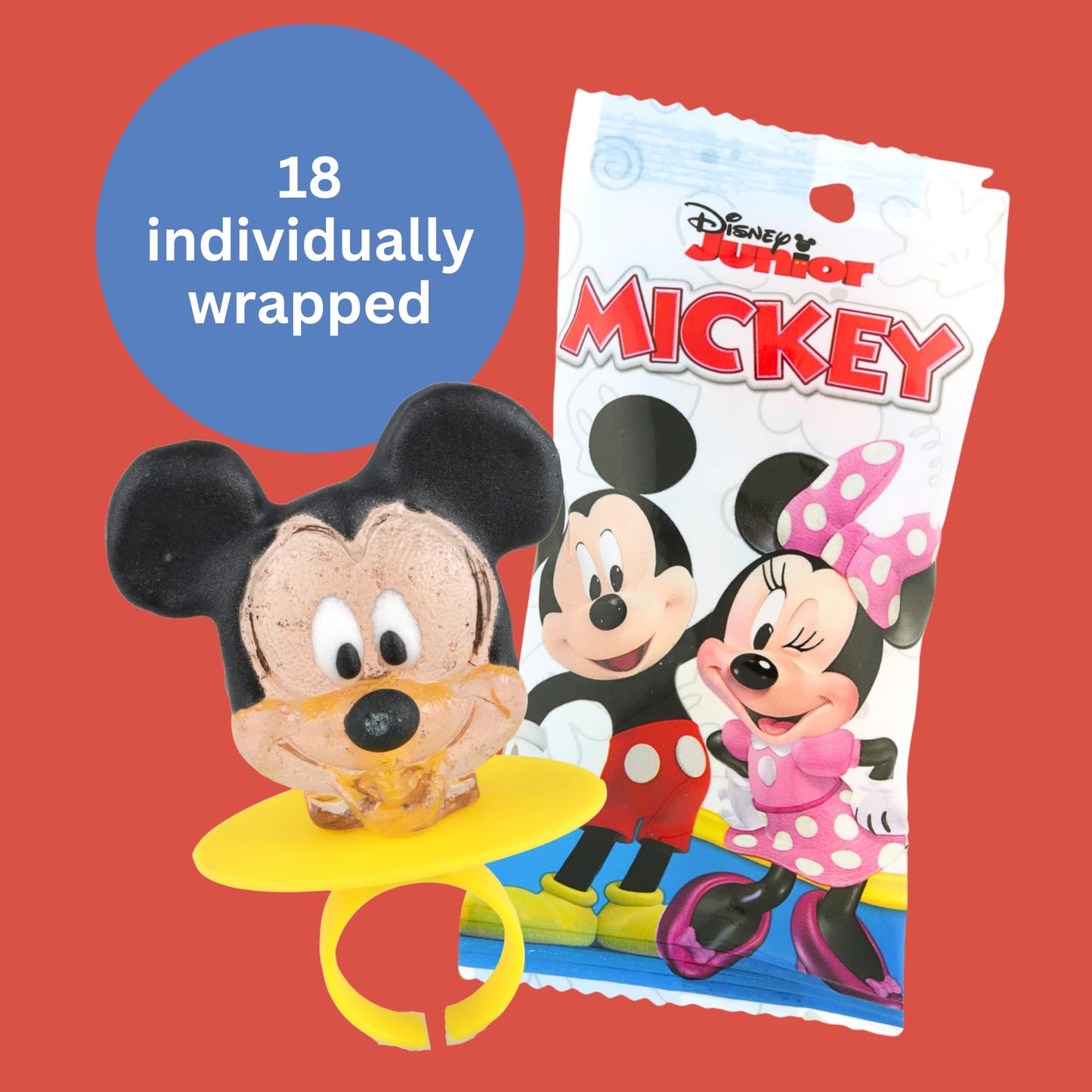Disney Junior Lollipop Rings Mickey Mouse Minnie and Pluto Individually Wrapped for Birthday Party Favors 18 Count