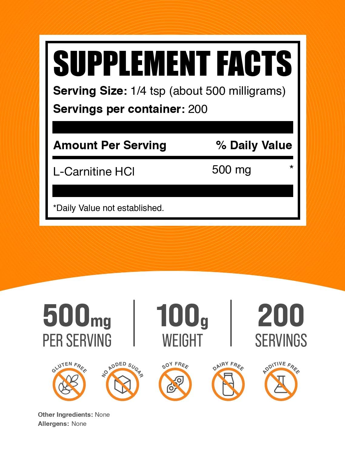 BulkSupplements.com L-Carnitine HCl Powder - Carnitine Supplement, Carnitine Powder, L-Carnitine 500mg - Unflavored & Gluten Free, 500mg per Serving, 100g (3.5 oz) (Pack of 1)