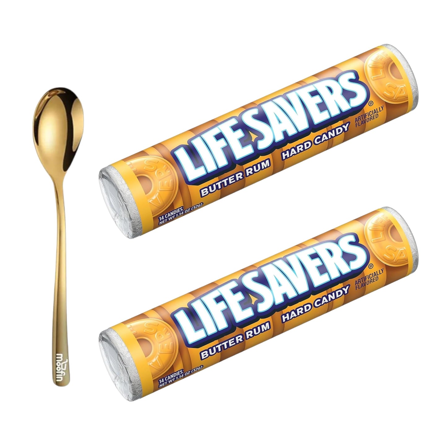 Hard Candy 114 Oz Butter Rum Lifesavers Candy with Moofin Golden SS Spoon Ideal for Snacking Sharing Rich Flavor Easter Baskets Christmas Stockings Butter Rum Candy Pack of 2