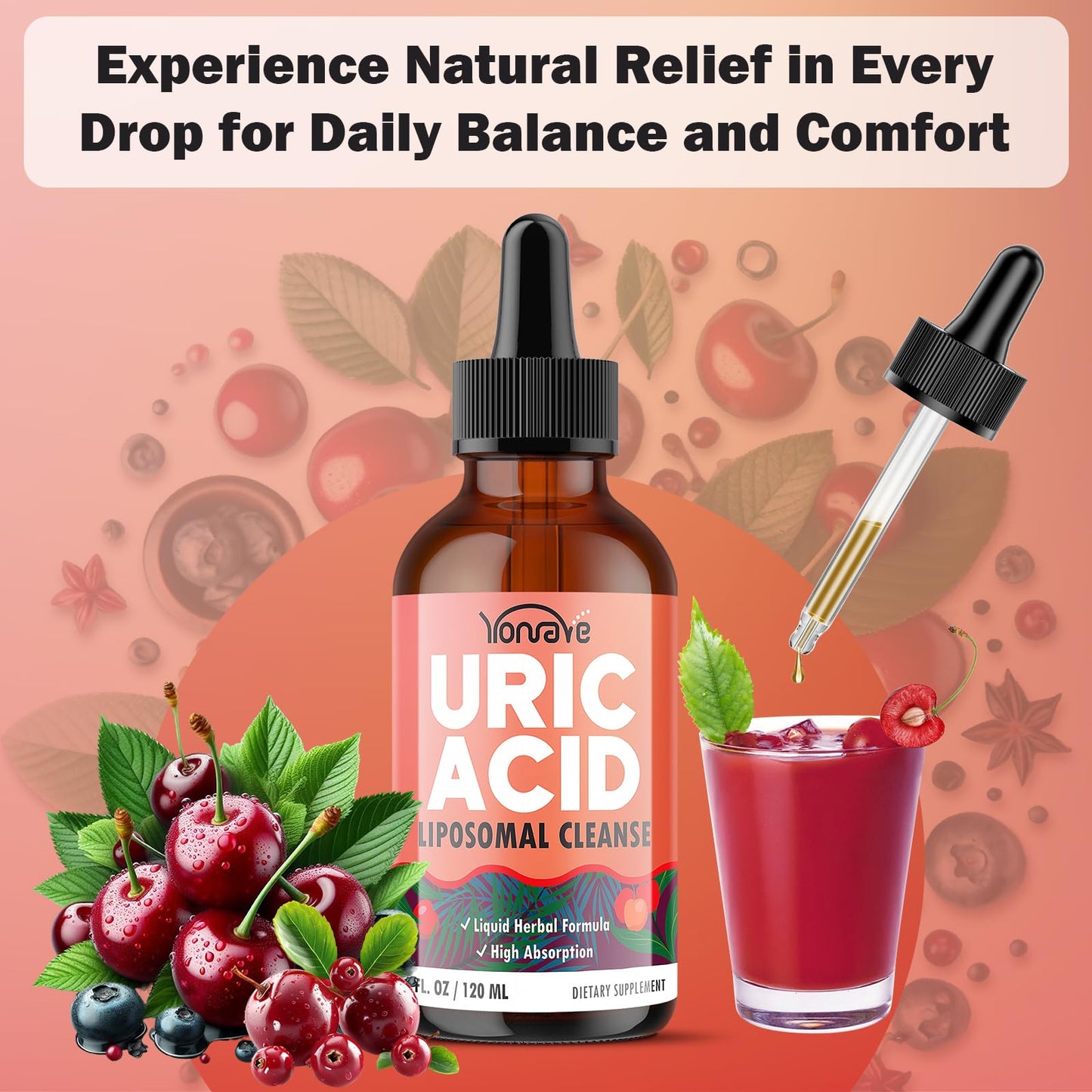 Liposomal Uric Acid Drops, Tart Cherry Supplement with Celery Seed & Boswellia Extract - Muscle, Detox, Joint and Kidney, Uric Acid Cleanse Liquid Supplement- 4 FL OZ (1 Bottle)