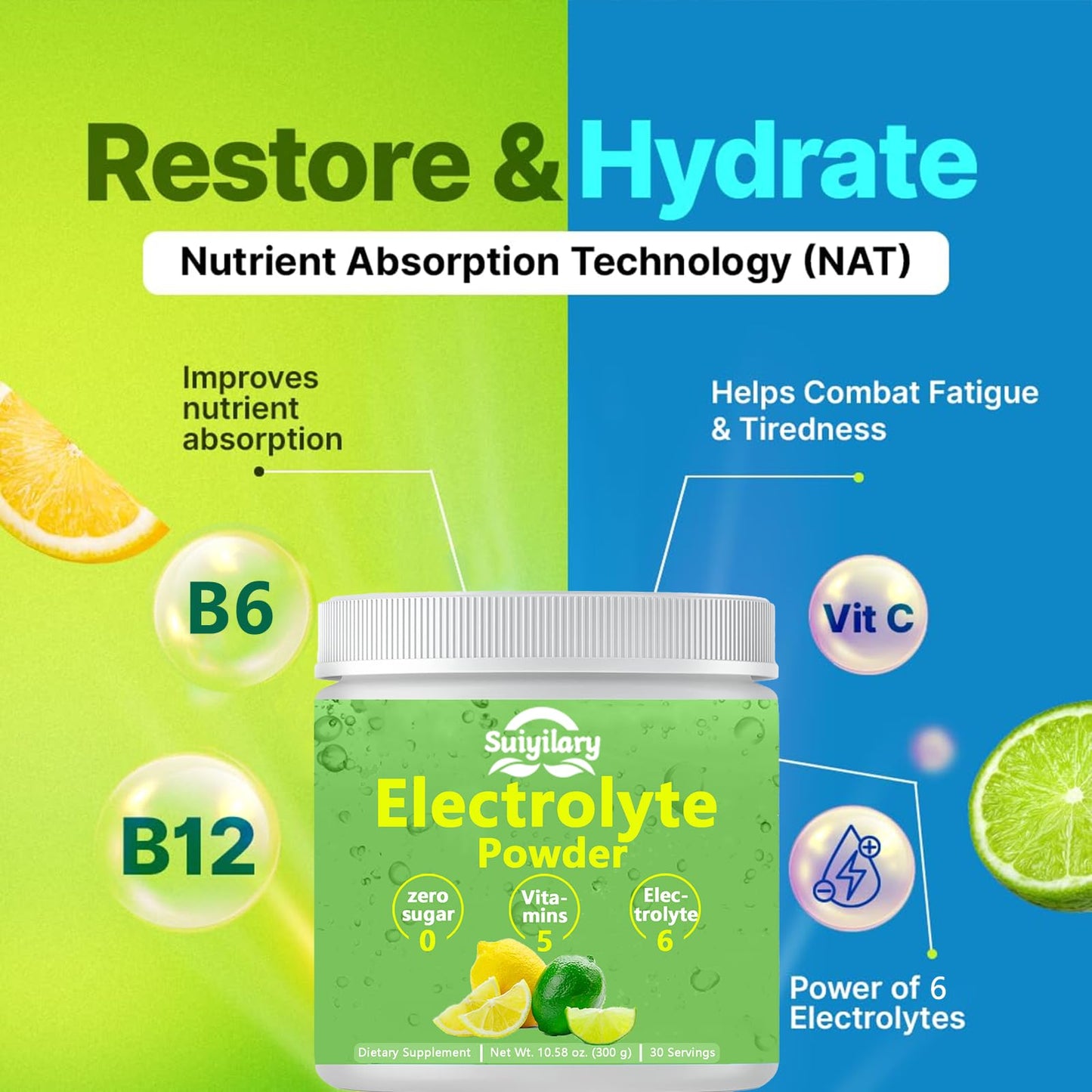 Electrolytes Powder No Sugar, Electrolyte Drink Mix, 5 Vitamins & 6 Electrolytes, Keto Friendly, Potassium & Salt, Sugar Free Hydration Powder, Lemon Flavour 300g