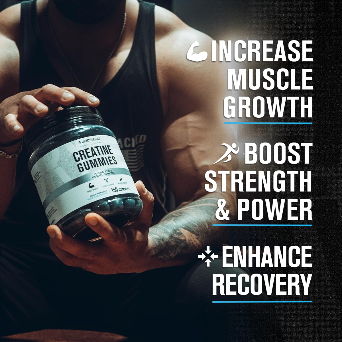 Jacked Factory Creatine Monohydrate Gummies (3g) - Creatine for Muscle Growth, Strength, Enhanced Energy, and Improved Athletic Performance - 150 Gummies, Blue Raspberry