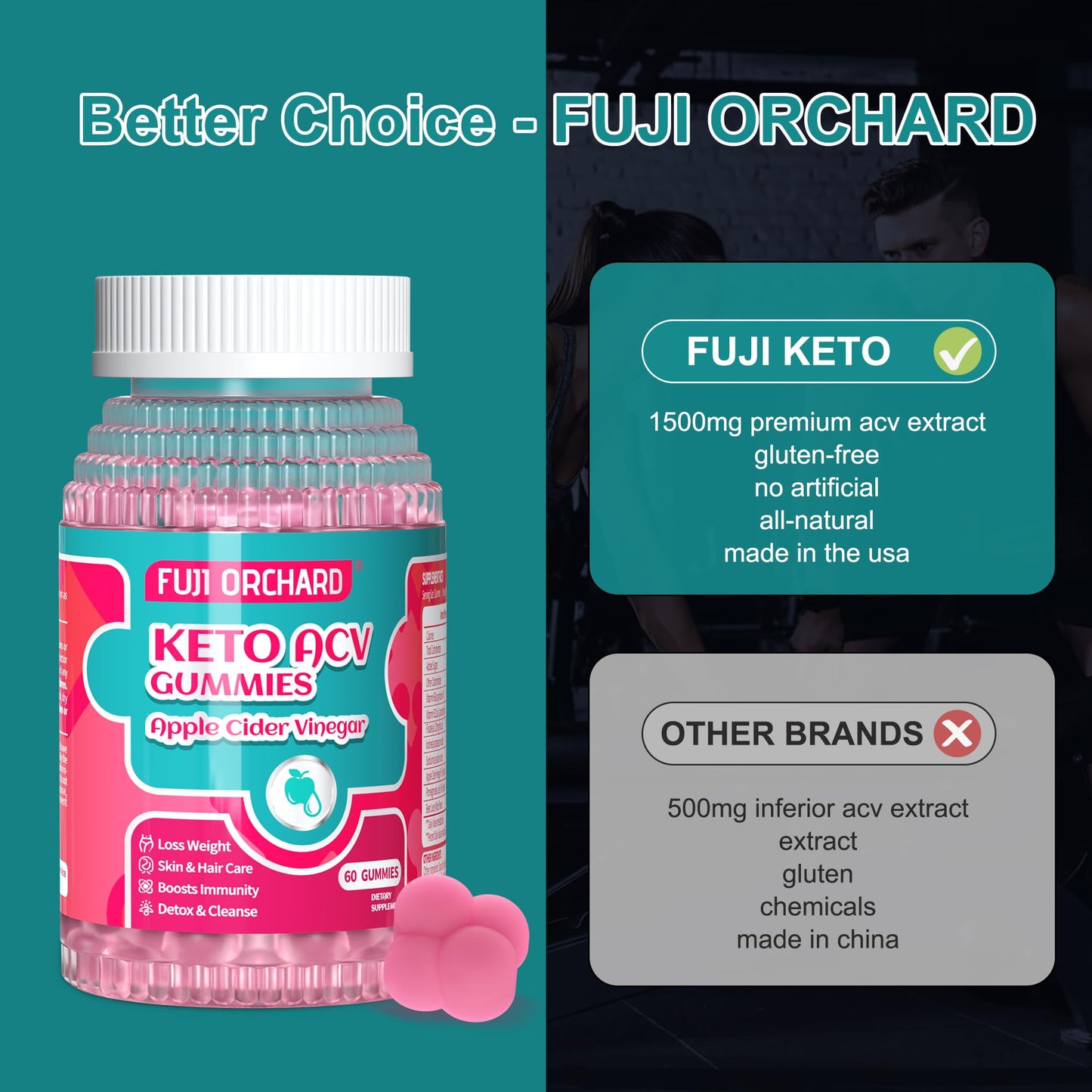 FUJI ORCHARD Keto ACV Gummies for Weight Loss - Delicious 1500MG Apple Cider Vinegar with Mother, Probiotics, Vitamins B6 & B12, Vegan & Non-GMO - Supports Metabolism & Fat Burn for Women, 120 Vegan