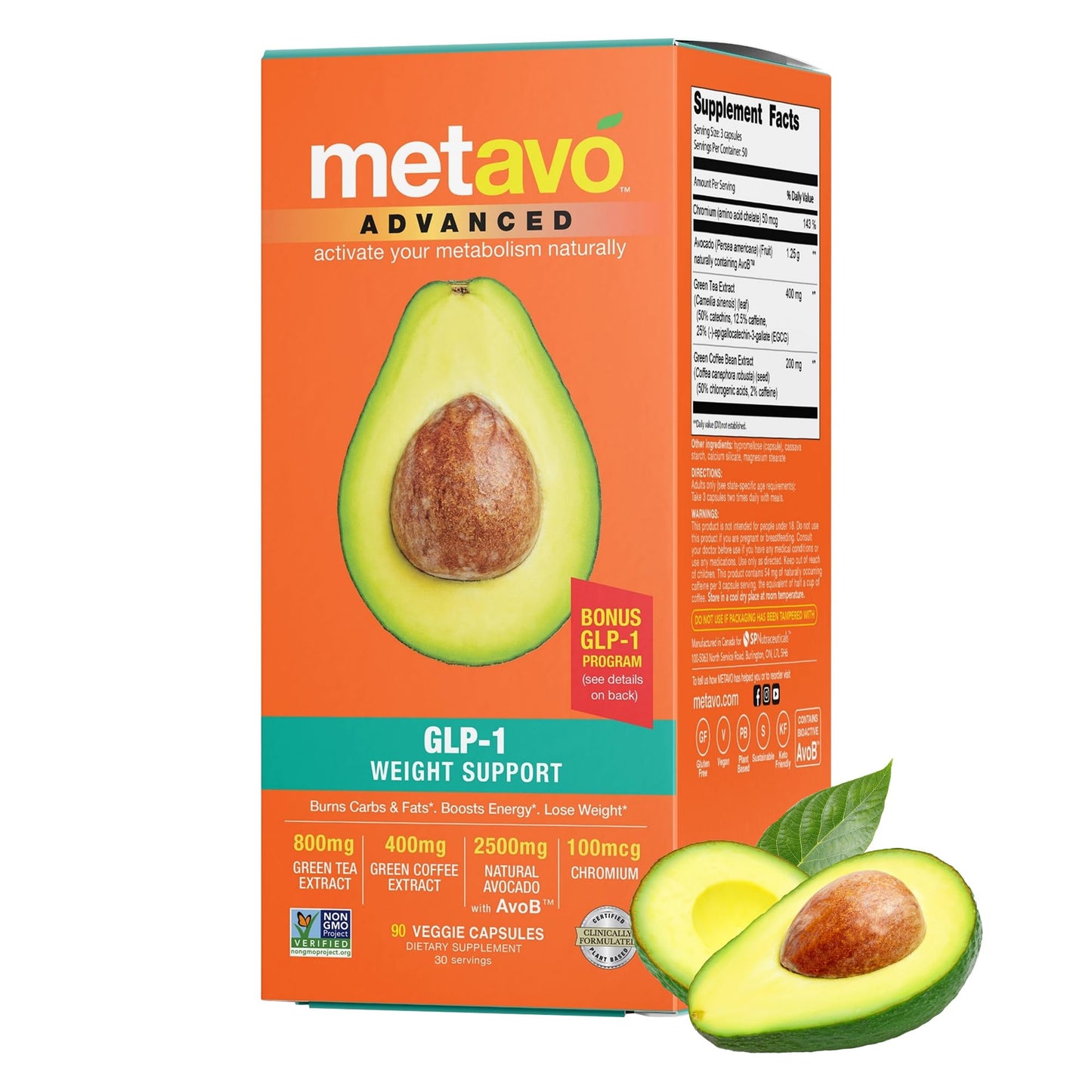Metavo Advanced Weight Support - Natural Diet Supplements with Essential Nutrients for Promoting Wellness, Enriched with Avocados, Green Tea, Chromium & Green Coffee, 90 Easy-to-Swallow Diet Pills
