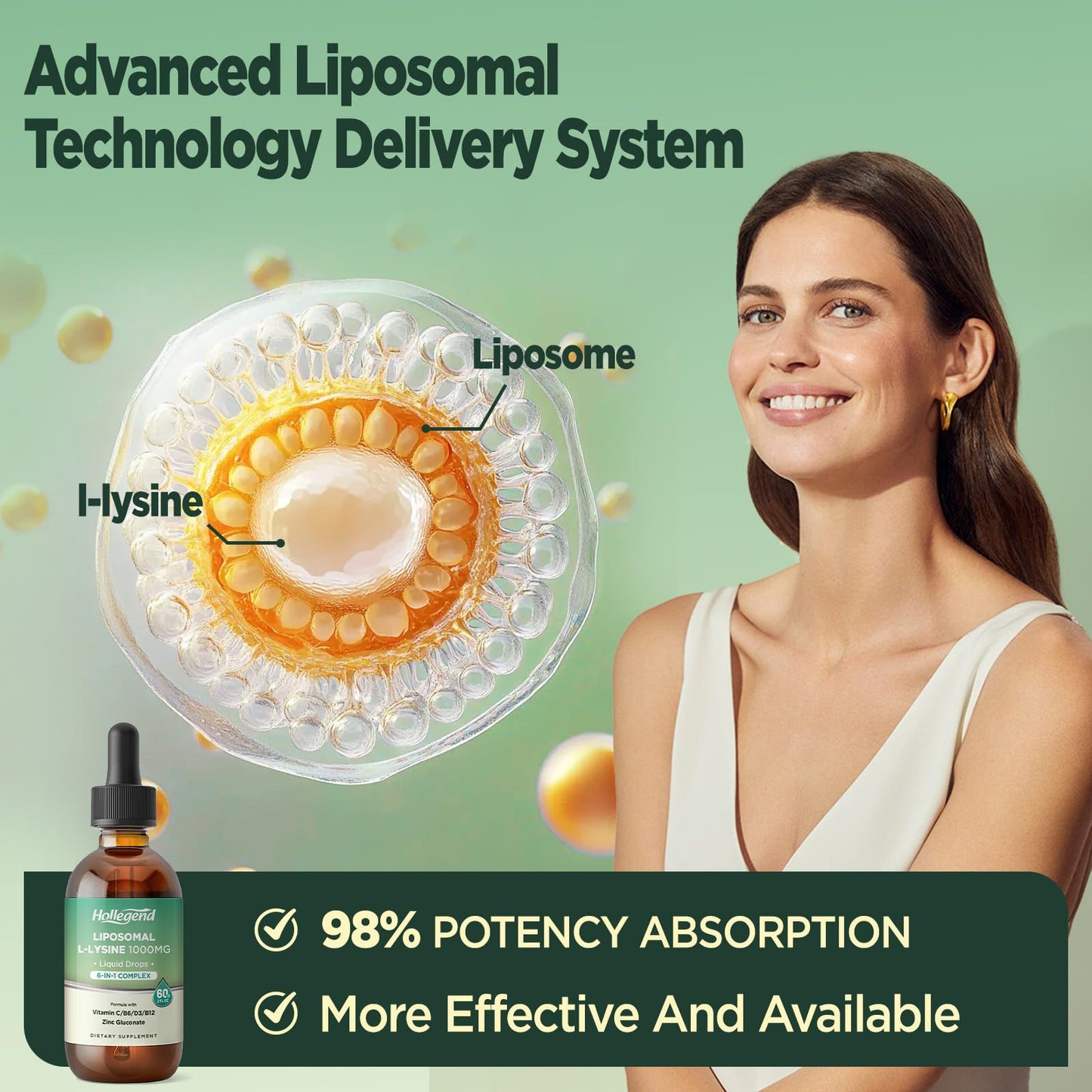 Liposomal L-lysine 1000MG Liquid Drops, Lysine Supplement for Women & Kids with Vitamin C, B6, D3, B12 &Zinc Gluconate, Skin & Lip Health, Immune & Collagen Production Support, Lemon Flavor, 2 fl oz