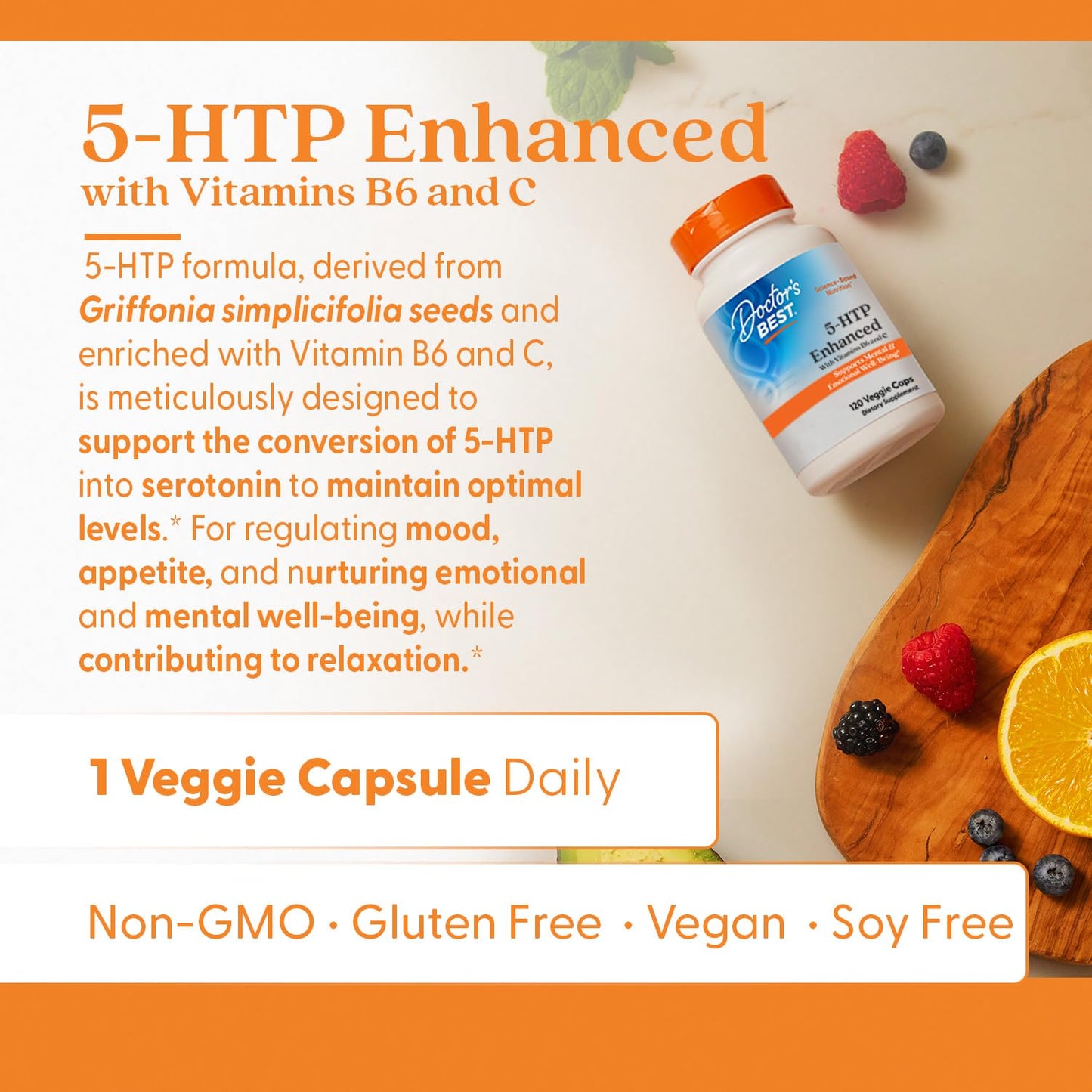 Doctors Best 5-HTP Enhanced with Vitamins B6 & C, Supports Mental & Emotional Well-Being, Non-GMO, Gluten Free, Soy Free, Vegan 120 Veggie Caps
