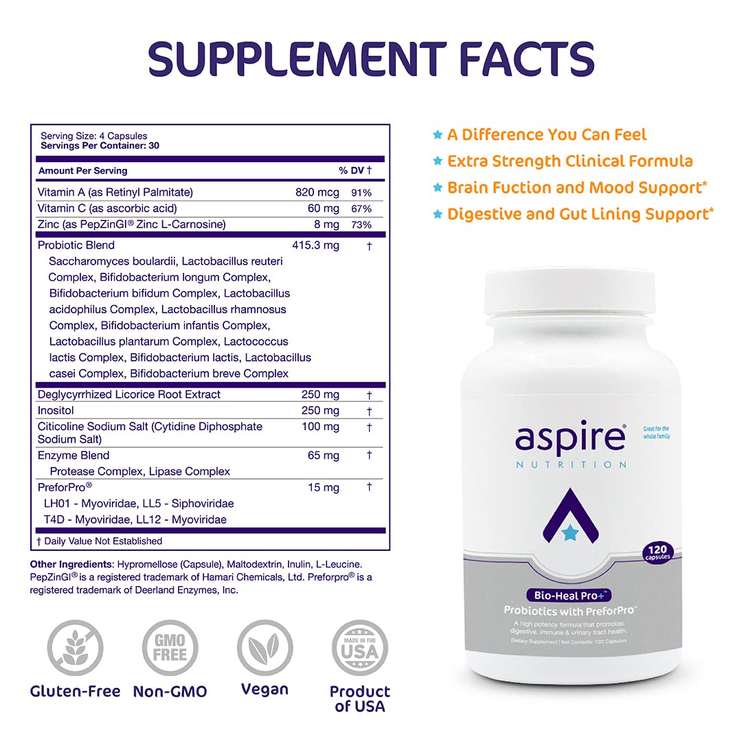 Aspire Nutrition Bio-Heal Pro+ 6-in-1 Probiotic Capsules Supplement - Daily Probiotic Formula for Women, Men, and Kids - 30 Day Supply