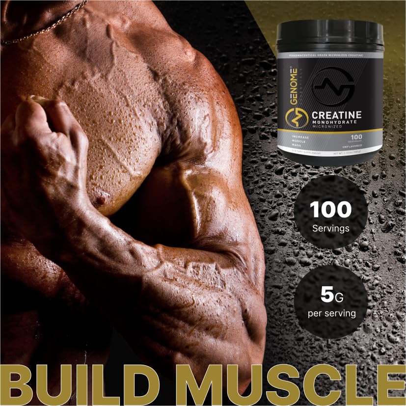 GENOME ESSENTIALS Premium Creatine Monohydrate, 100% Pure Micronized Powder, Muscle Growth & Recovery,Keto & Vegan-Friendly, Non-GMO, Gluten-Free, Unflavored,100 Servings
