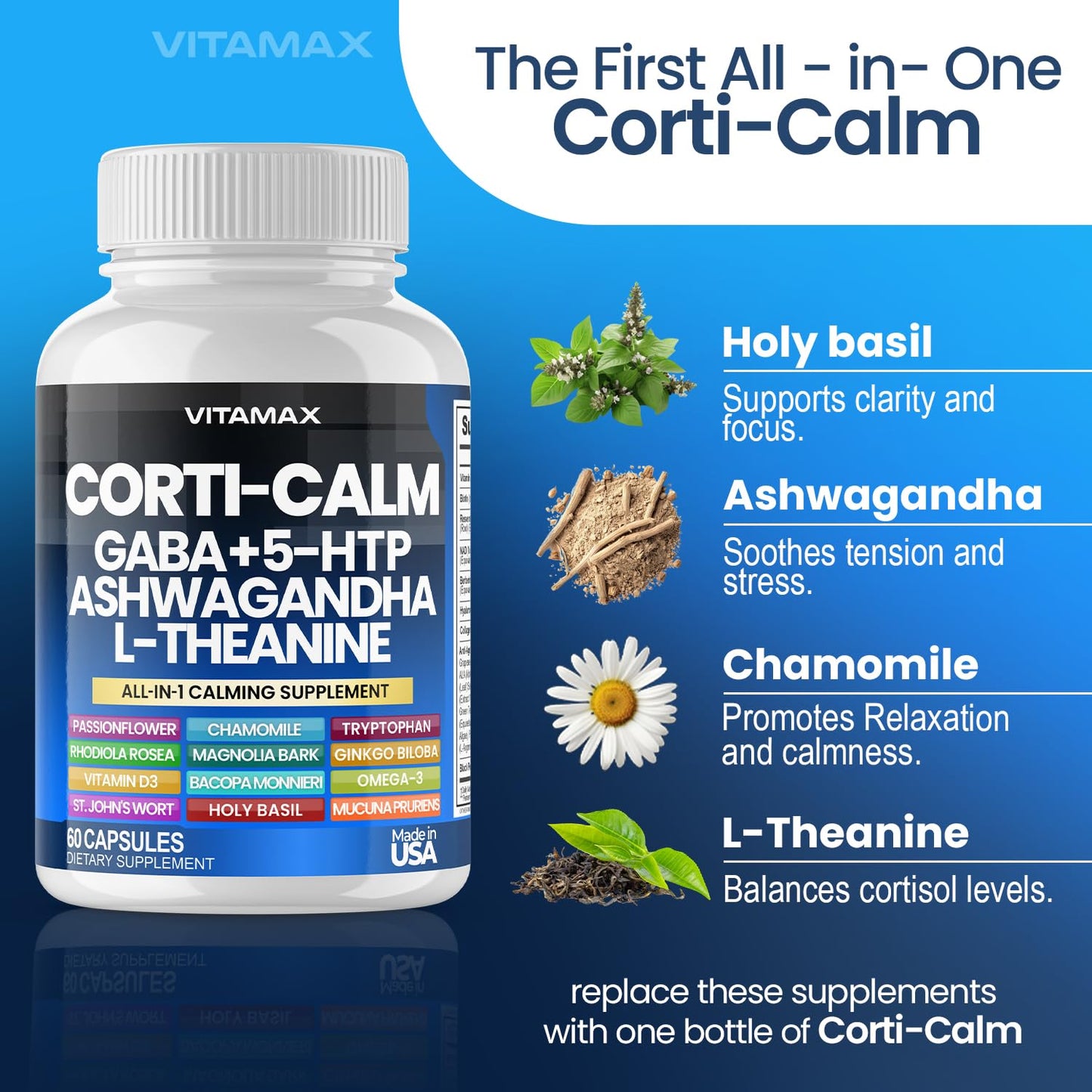 Corti-Calm Cortisol Supplement, L Theanine, Ashwagandha, Vitamin D 3, GABA for Relaxation, Fatigue & Focus with Ginkgo Biloba, Bacopa Monnieri, 5-HTP - Non-GMO, Made in USA - 60ct