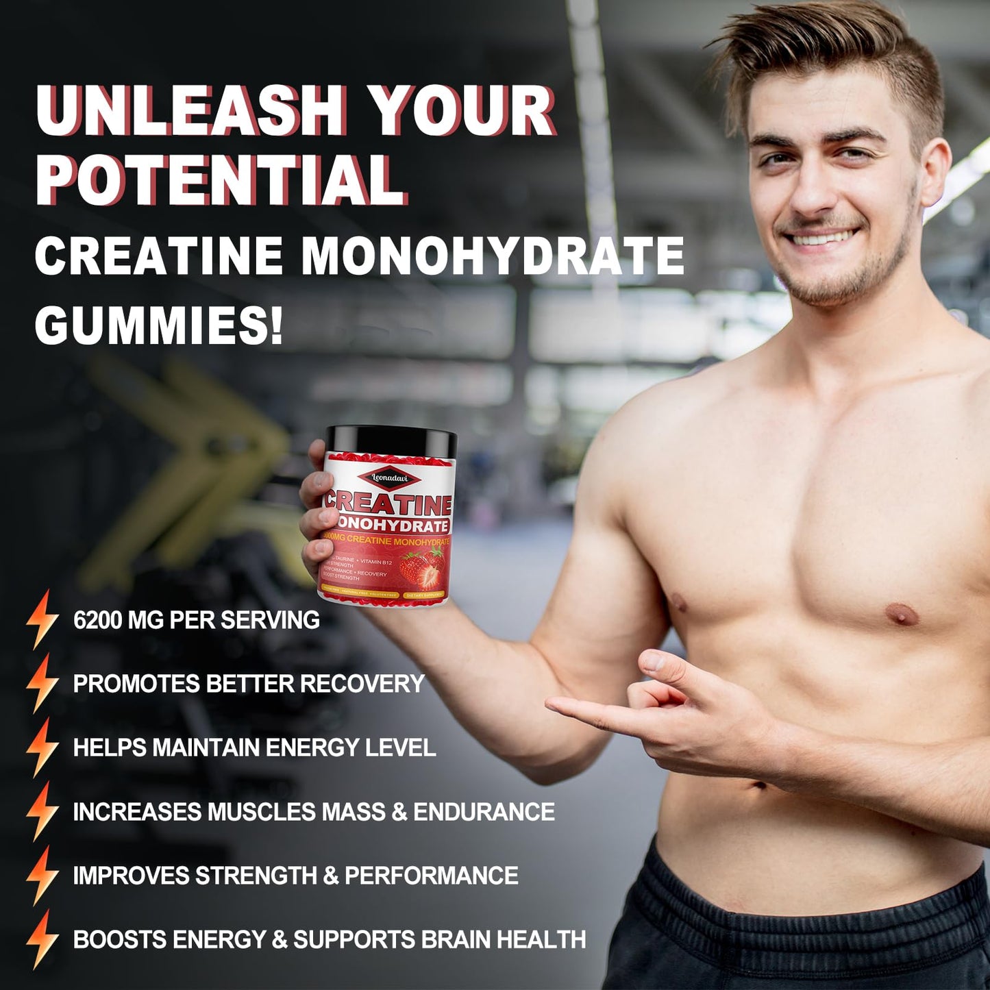 Creatine Monohydrate Gummies 6200mg for Men & Women - 120 Count Advanced Formula W/L-Taurine + Vitamin B12 for Muscle Strength, Muscle Builder, Energy Boost, Pre-Workout Supplement -Strawberry