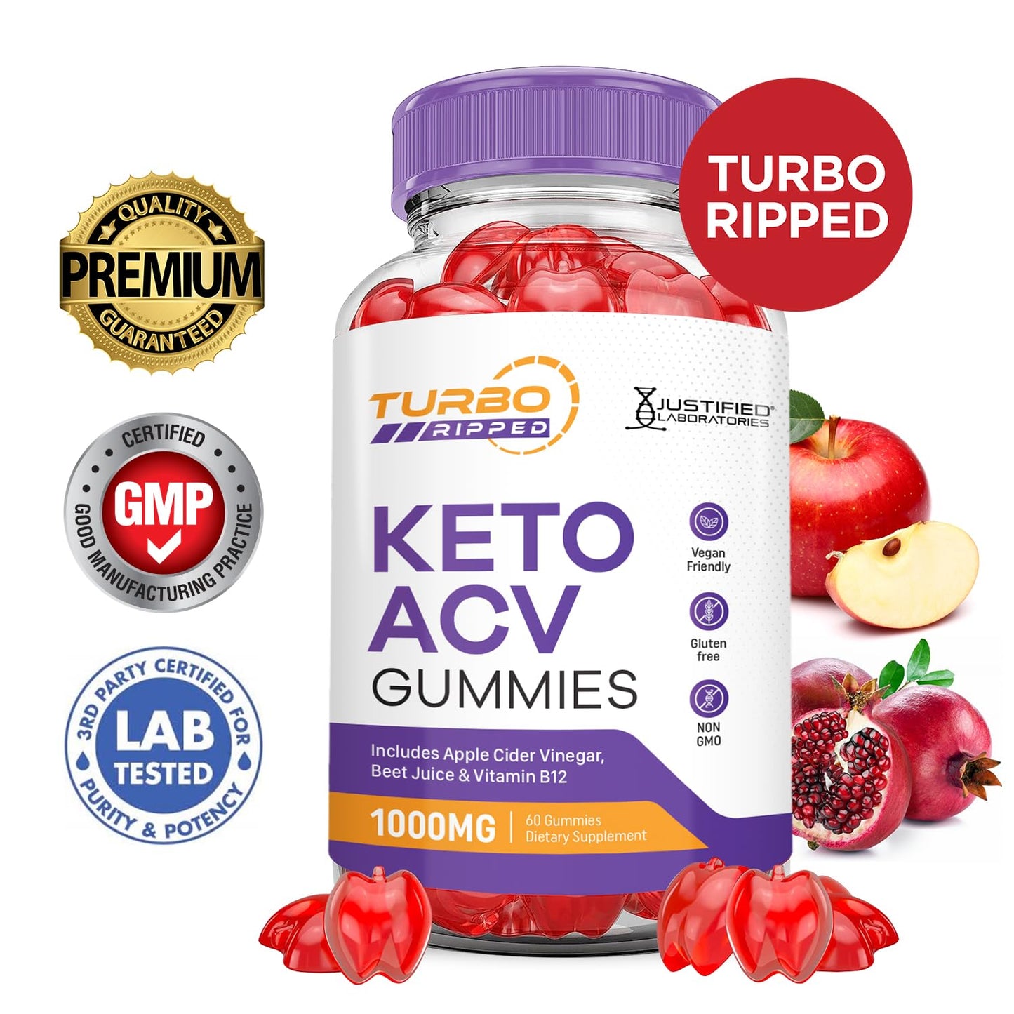 (5 Pack) Turbo Ripped Keto ACV Gummies Advanced Formula 1000MG Turbo Ripped Keto Gummies Apple Cider Vinegar Formulated with Pomegranate Beet Juice Powder B12 Vegan Non GMO 300 Gummys