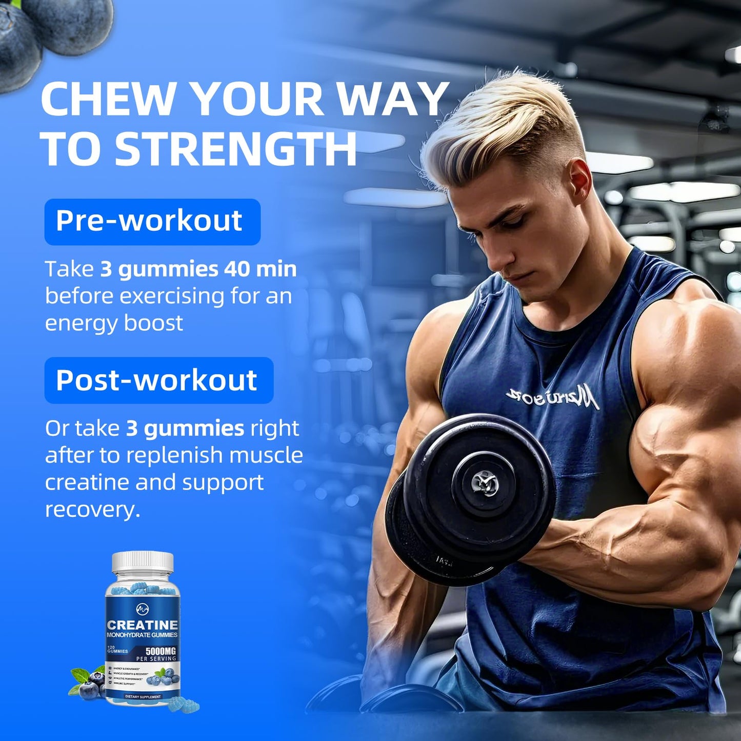 Creatine Monohydrate Gummies 5000mg with Taurine and L-Glutamine, Blueberry Flavored Creatine Monohydrate for Men and Women, Pre Workout Supplement for Muscle Strength and Energy Boost, 120 Gummies