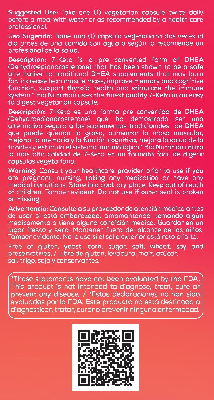 Bio Nutrition 7-Keto 50 Vegetarian Capsules | DHEA 50mg | Promotes Strong Immune Health | Energy & Stamina