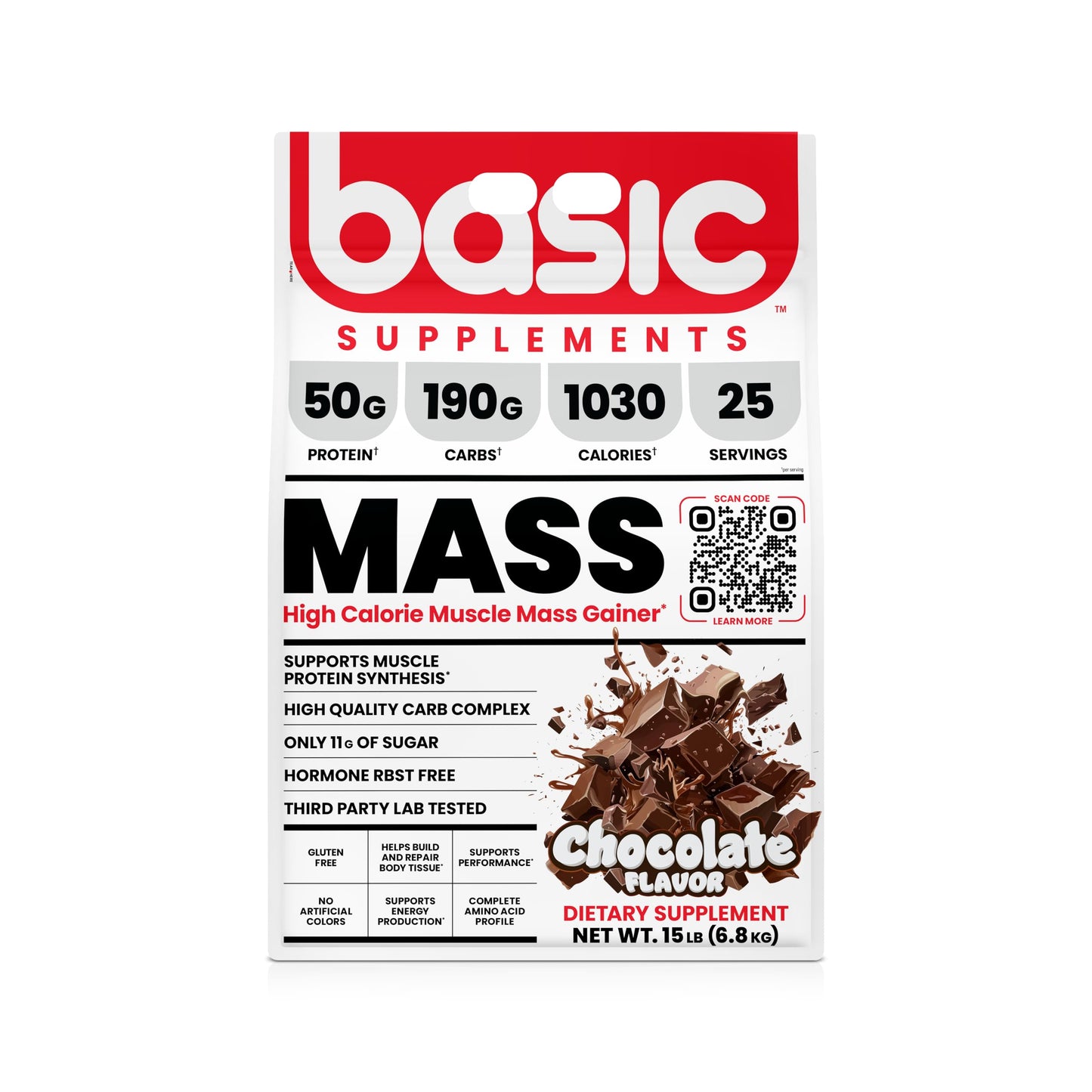 BASIC SUPPLEMENTS Mass Gainer Protein Powder, Supports Muscle Growth & Recovery, 50g Protein, 190g Carbs, 1030 Calories, Gluten-Free, RBST-Free, No Artificial Colors (15 Pound, Chocolate)