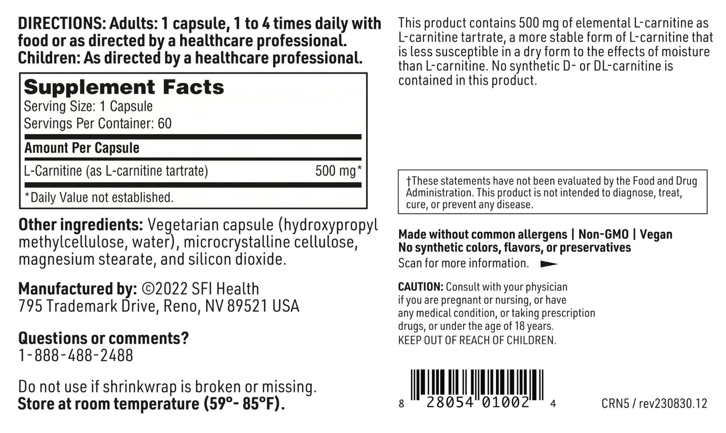 Klaire Labs L-Carnitine Tartrate - 500 mg Amino Acid, Stabilized L-Carnitine - No Synthetic D-Carnitine (60 Capsules)