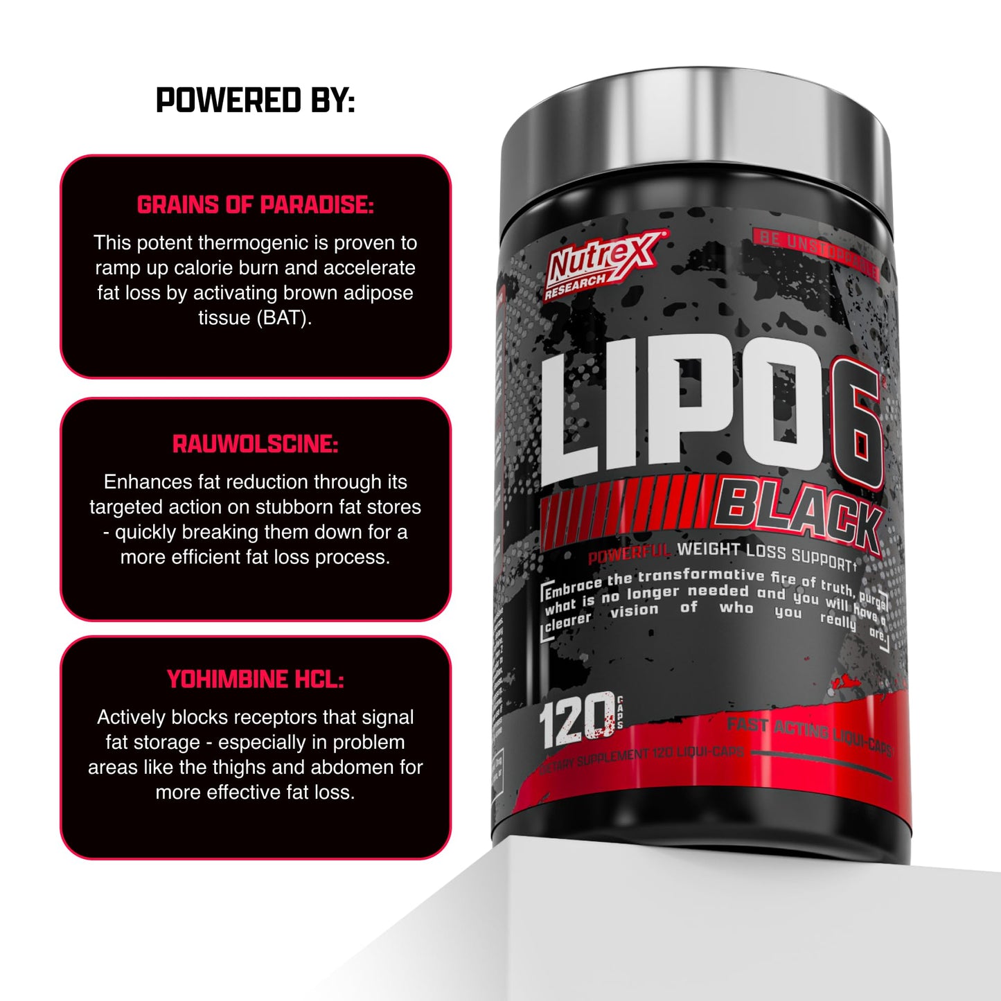 Nutrex Lipo-6 Black Max Strength Fat Burner - Fast Acting Energy, Weight Loss Diet Pills - Appetite Suppressant, Metabolism Booster - 120 Capsules