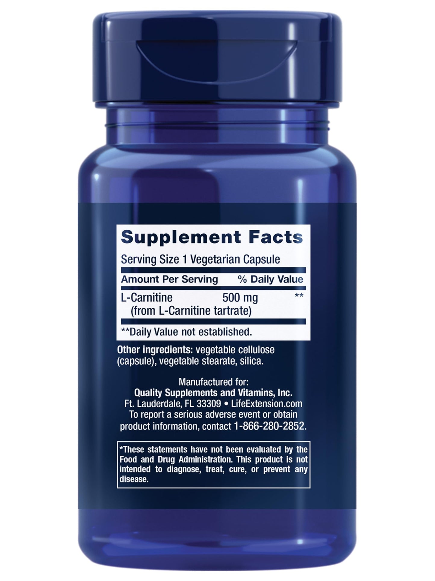 Life Extension L-Carnitine - 500 mg, Energy Supplement, Memory Supplement - Free Form Amino Acid, Nitric Oxide Support, Healthy Blood Pressure - Gluten-Free, Non-GMO, Vegetarian - 30 Capsules