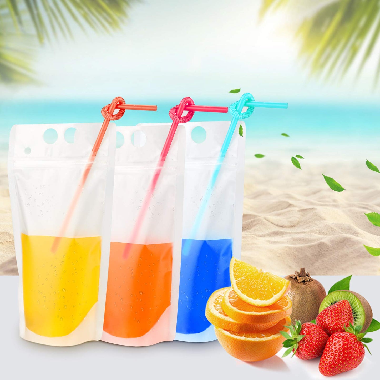 100PCs Drink Pouches with 100PCS Individual Wrapped Straws Yamgqus Freezable Juice Pouches DIY Reclosable Zipper Drink Bags for Adults and Kids Silicone Funnel Included 17oz 100 Pack