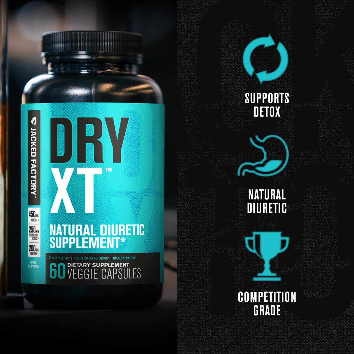 Jacked Factory Dry-XT Diuretic Water Pills - Natural Supplement | Reduces Water Retention & Bloating | Dandelion Root Extract, Potassium, 7 More Powerful Ingredients - 60 Veggie Capsules