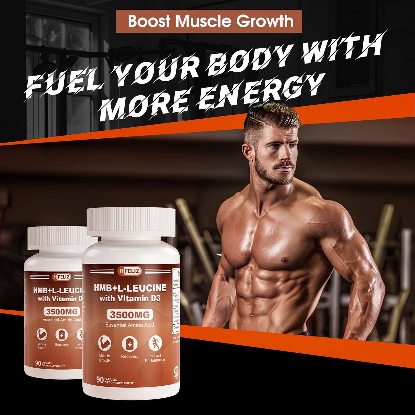 HFELIZ HMB and Leucine Supplement, 3500mg L-Leucine HMB with Vitamin D3, Amino Acid BCAA for Men, Vegan, Gluten Free, 90 Capsules