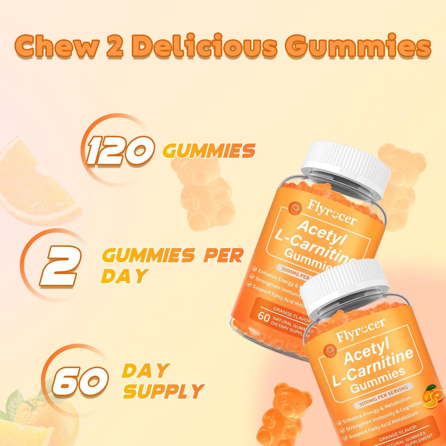 2 Pack Acetyl L-Carnitine Gummies for Energy & Brain Function Support - Vegan, Non-GMO, Orange Flavor, 120 Count (60-Day Supply)
