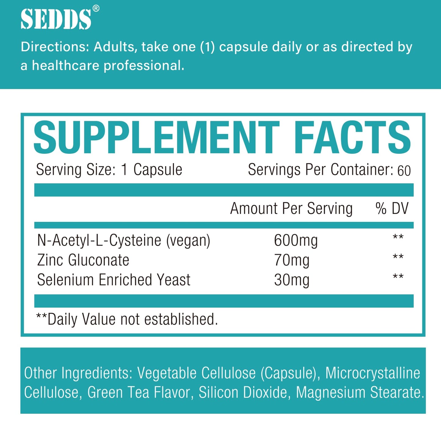 SEDDS Supplements, N-Acetyl Cysteine (NAC) 600mg, 60 Veg Capsules - Non-GMO, Gluten Free