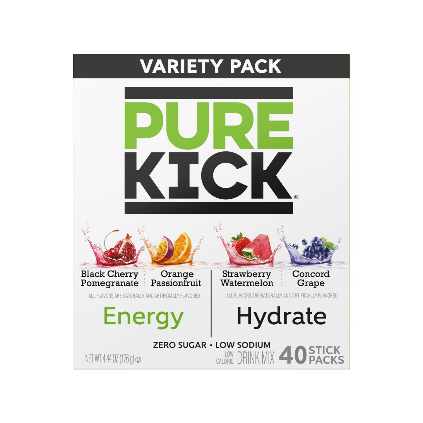 Pure Kick Hydrate and Energy Variety Pack 40 Sticks per Box Pack of 2 Boxes Powdered Drink Mix 2 Flavors of Energy and 2 Hydrate Flavors Zero Sugar
