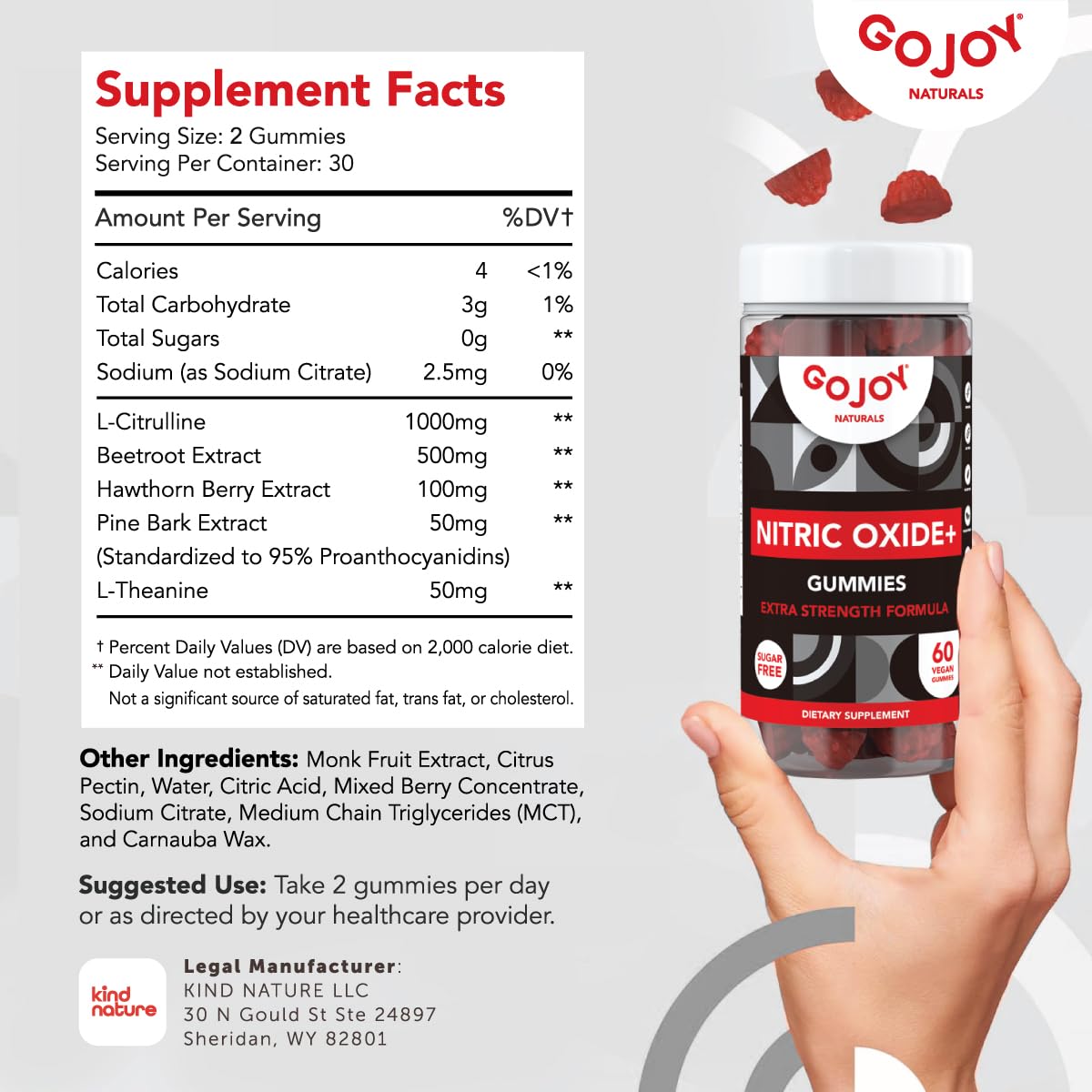 GOJOY NATURALS Vegan Sugar Free Nitric Oxide Gummies with Beet Root, L-Citrulline, Hawthorn Berry, Pine Bark - Nitric Oxide Supplements for Men & Women (60 Count)