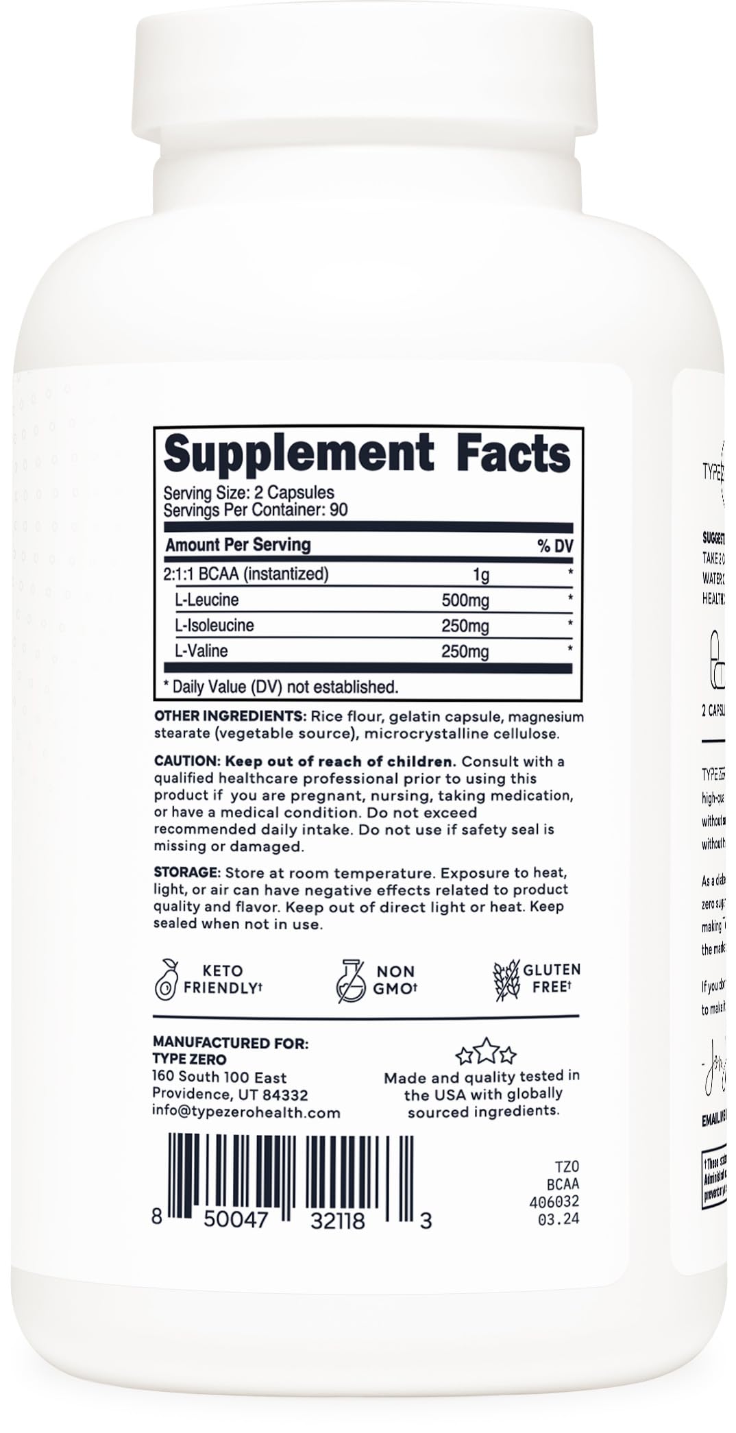 Type Zero BCAA 1000mg (180 Capsules, 90 Servings), Branched Chain Amino Acids (500mg of L-Leucine, 1000mg of L-Isoleucine and L-Valine)