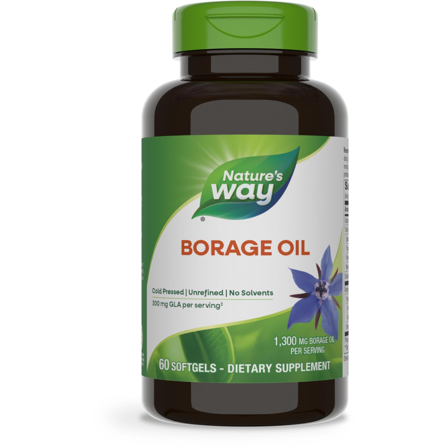Nature's Way Borage Oil, Cold Pressed & Unrefined, GLA Supplement, 300 mg GLA and 440 mg Linoleic Acid per Serving‡, 60 Softgels (Packaging May Vary)