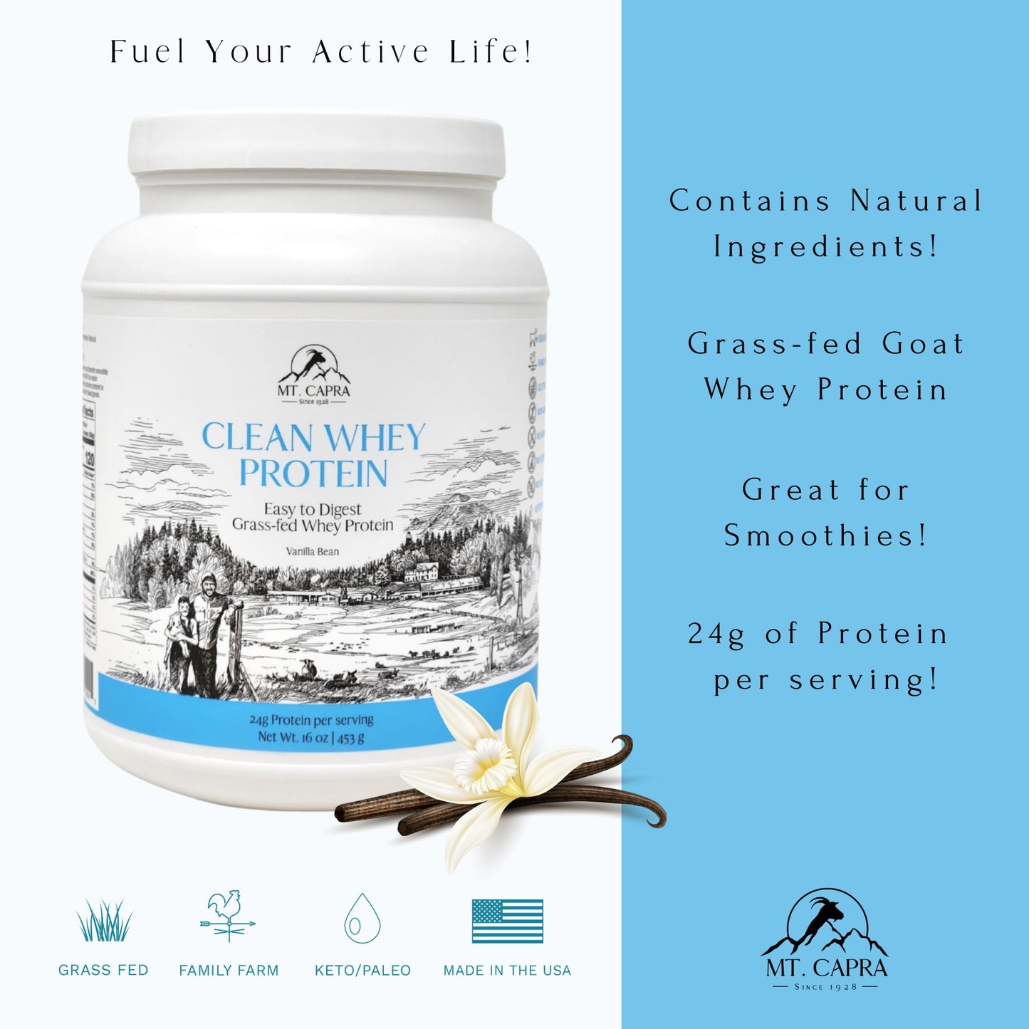 Mt. Capra Clean Whey Protein | Grass-Fed Undenatured Goat Whey Protein Powder | 24 g Protein Per Serving, All Natural, Non-GMO, High in Branch Chain Amino Acids | Vanilla Bean | 15 Servings - 16 oz