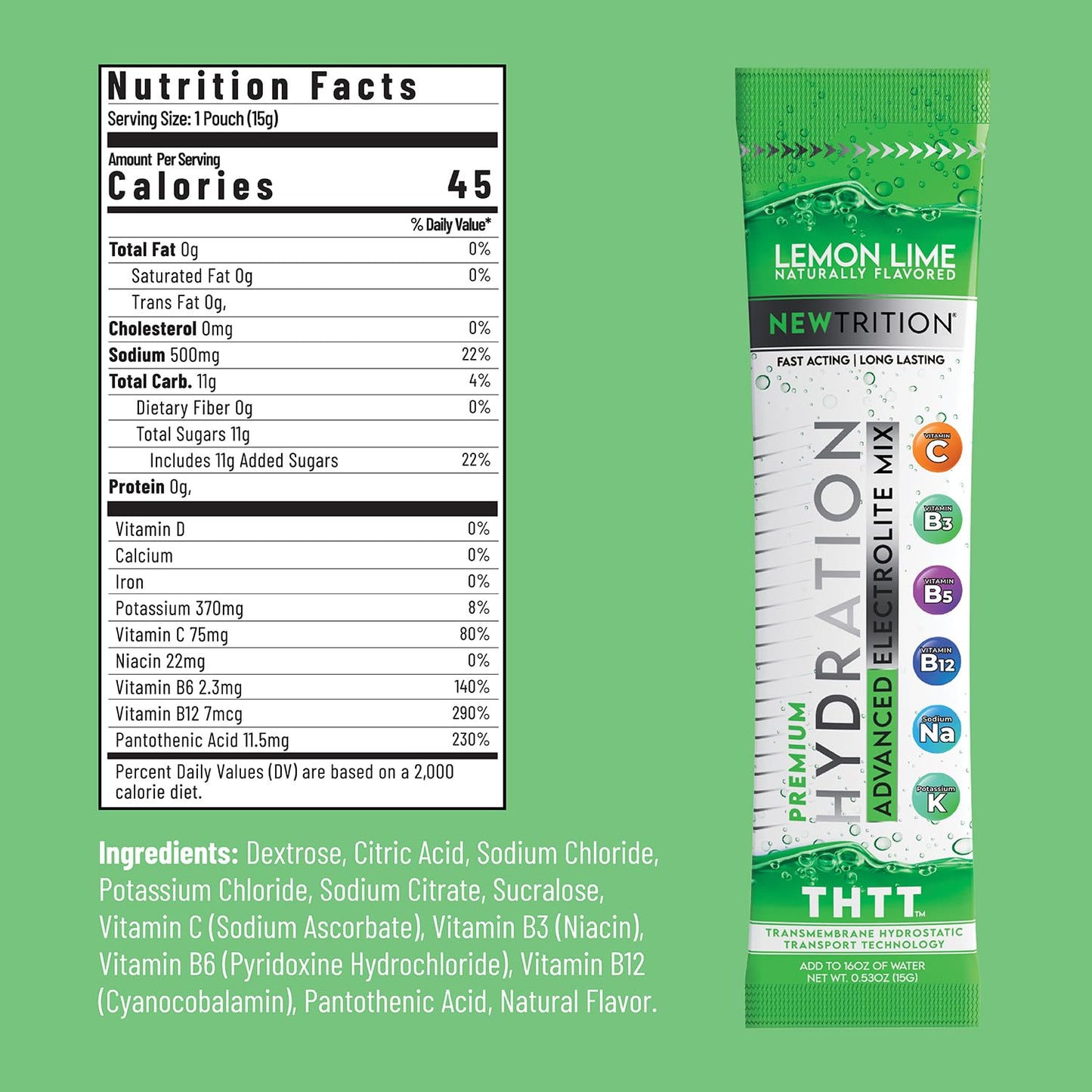 NewTrition Hydration Powder, Electrolyte Powder Packets, Naturally Flavored Hydrating Packets for Water, Fast Acting Hydrate Electrolytes with Vitamins C & D, Lemon Lime, 12 Servings