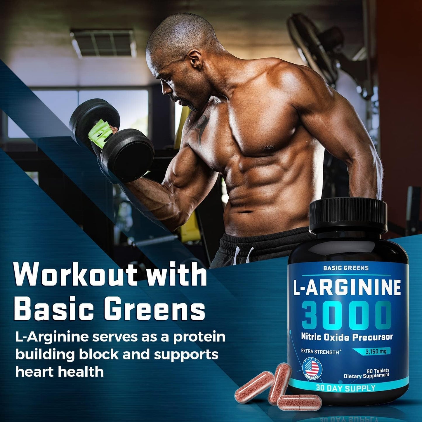 BASIC GREENS L Arginine 3,150mg (90 Capsules) - L-Arginine Supplement for Men and Women with Nitric Oxide Precursor, LArginine Supplement