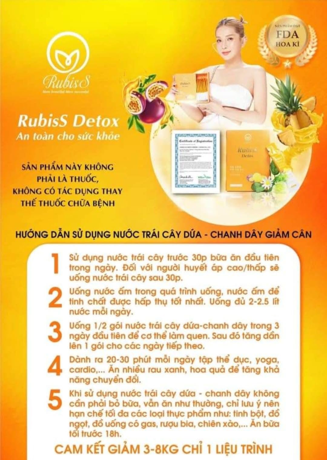 RUBISS Detox Nuoc Ep Chanh Day Dua - Fruits Juice Detox- Passionfruit, Pineapple - 12packs x 20ml / 1 Boxes