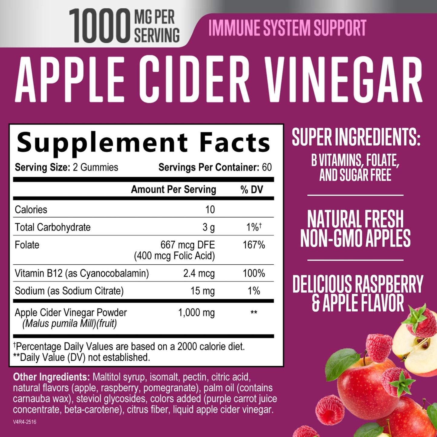 Apple Cider Vinegar Gummies Sugar Free 1000mg for Cleanse, ACV Gummy Vitamin B12 for Digestion Energy & Immune Health Support, Natural Premium Apple Raspberry Flavor, Non GMO & Vegan - 120 Gummies