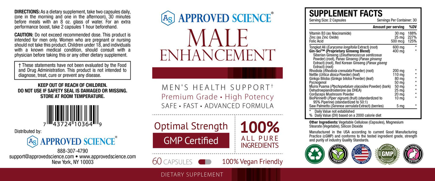 Approved Science® Male Enhancement - Boost Performance and Increase Drive - 60 Vegan Friendly Capsules (1 Bottle)