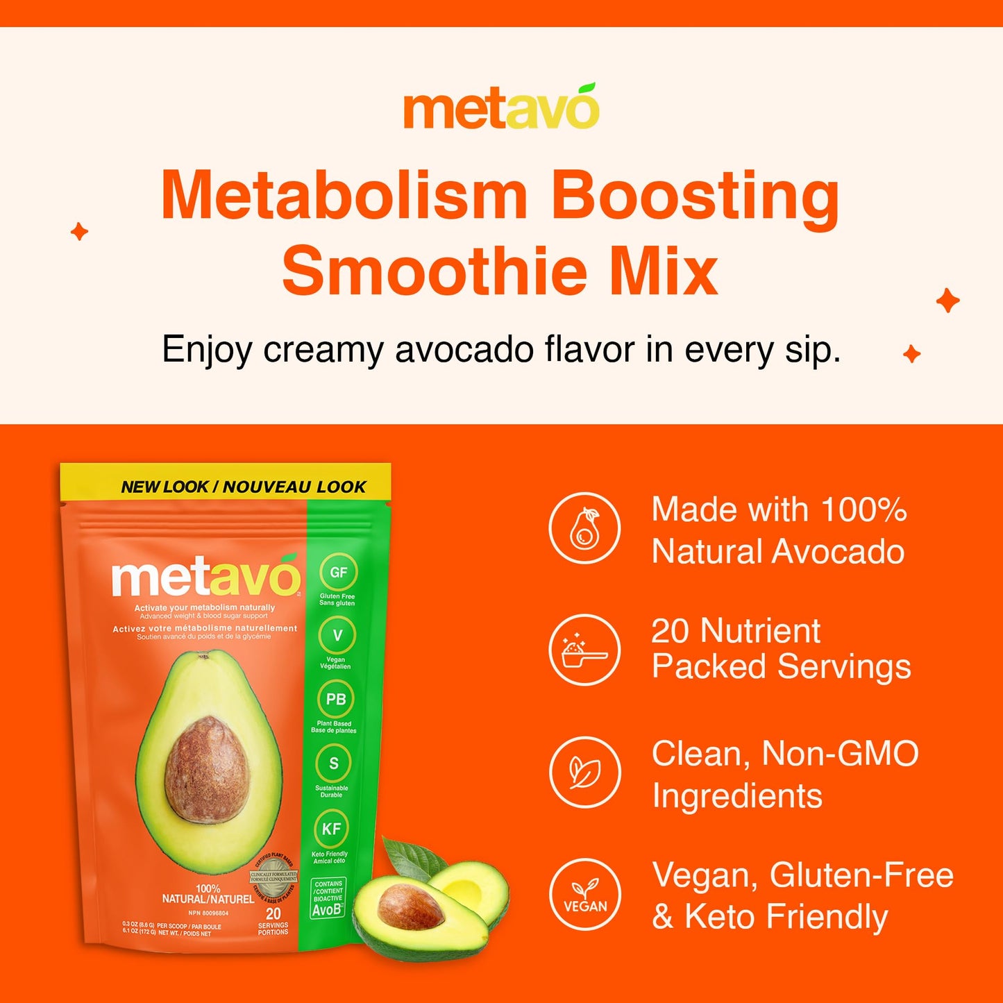 Metavo Smoothie Mix - Energy Support Supplement with AvoB, Vitamin C & Chromium, Ideal for Smoothie Blender Recipes, Sugar-Free Nutrition Powder, Healthy Beverages for Adults, 20 Servings-1 Count