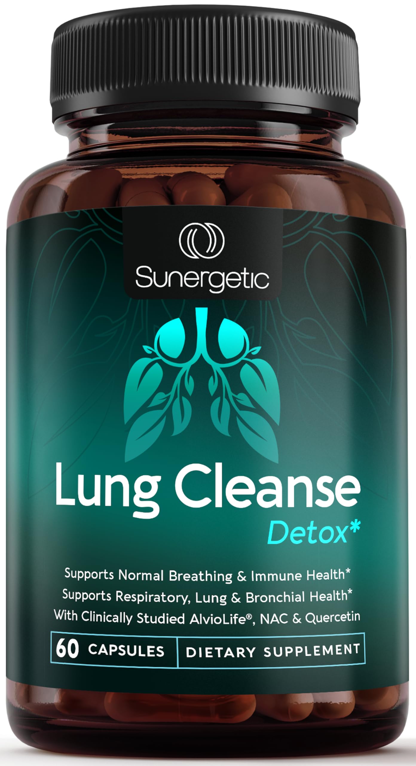 Sunergetic Premium Lung Support Supplement - Lung Cleanse & Detox Supplement With Mullein Leaf, NAC, Bromelain & Boswellia-Lung Health Formula for Respiratory, Breathing & Bronchial Health-60 Capsules
