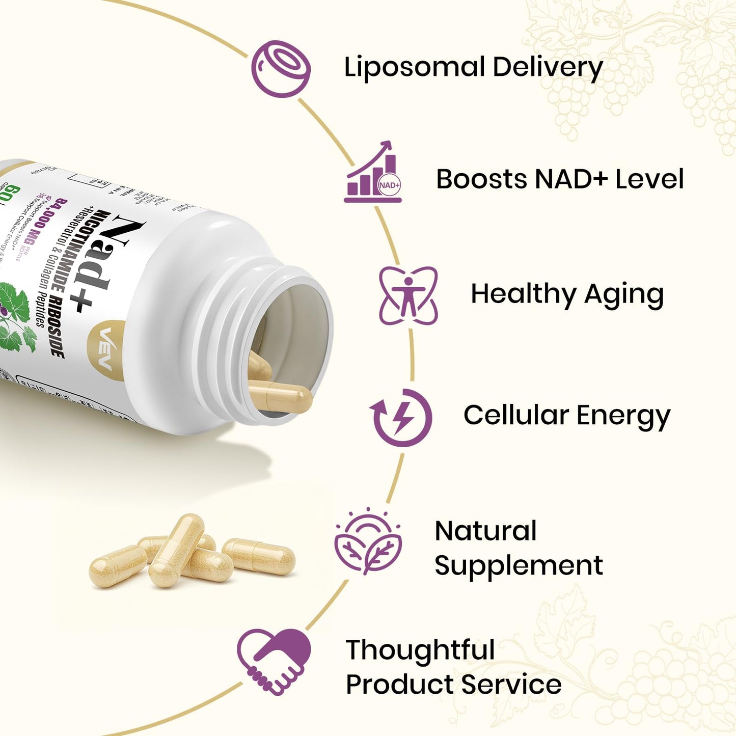 VEV NAD+ Supplement with Resveratrol & Collagen - Supports Cellular Energy & Healthy Aging, Liposomal NAD Capsules for Enhanced Absorption - 120 Capsules