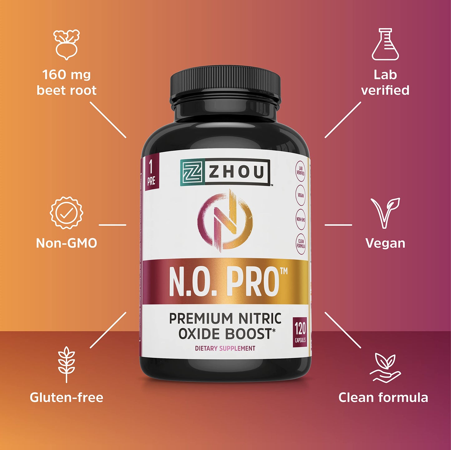 Zhou N.O. Pro - Premium Nitric Oxide Supplement for Men & Women, Heart, Muscle & Blood Support with Beet Root & L Arginine, Natural Nitric Oxide Booster - 120 Veggie Capsules