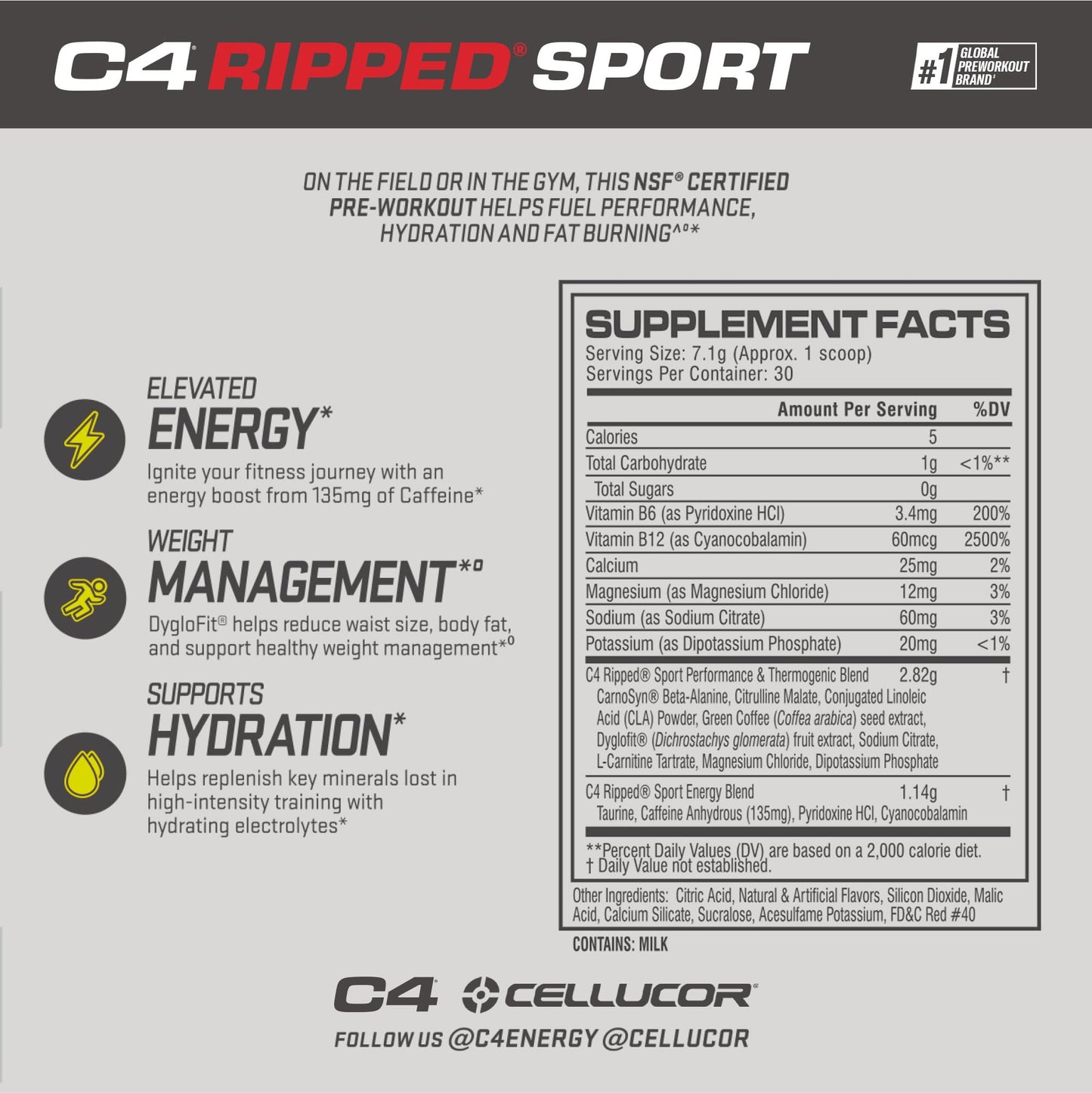 C4 Ripped Sport Pre Workout Powder Fat Burner - NSF Certified for Sport + Sugar Free Preworkout Energy Supplement for Men & Women - 135mg Caffeine + Weight Loss - Fruit Punch, 30 Servings