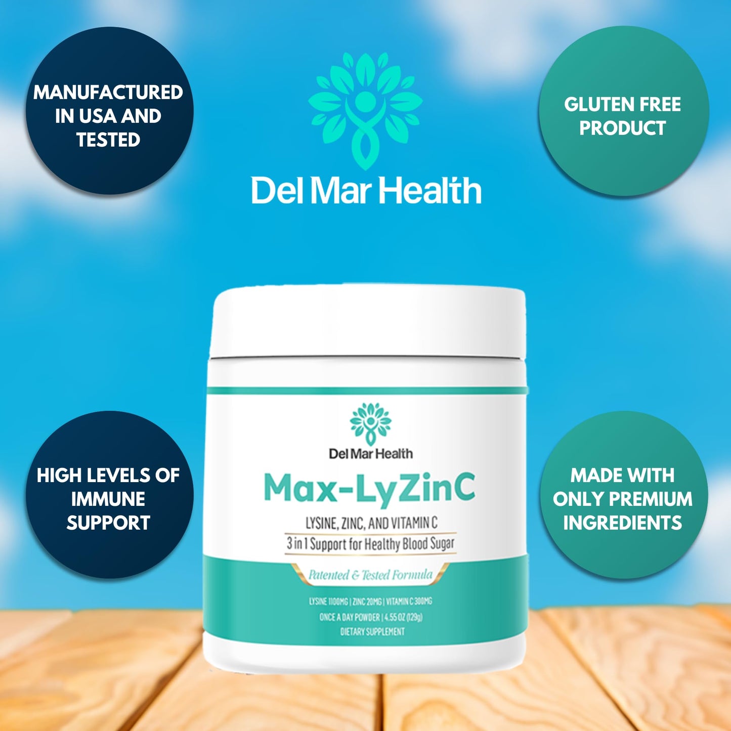 Del Mar Health Max-LyZinC | L-Lysine 1100 mg + Zinc 6 mg + Vitamin C 100 mg - 3-in-1 Supplement for Maintaining Blood Sugar Already in The Healthy Range - One-Scoop-Per Day Powder