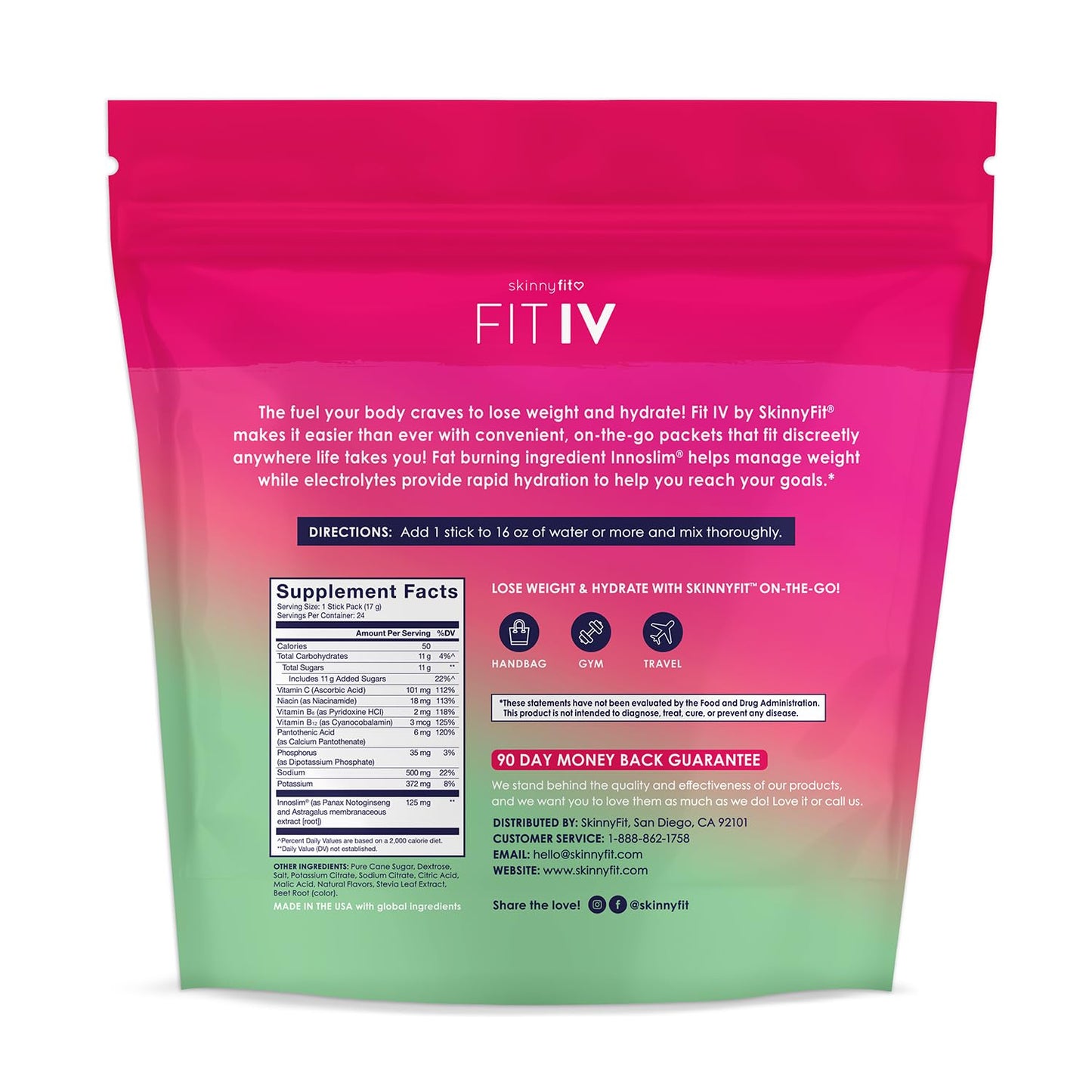 SkinnyFit FIT IV Hydrating Electrolytes Plus Weight Managing Innoslim, Vitamin B12 & Vitamin C, Rapid Hydration, Healthy Aging, 24 Servings
