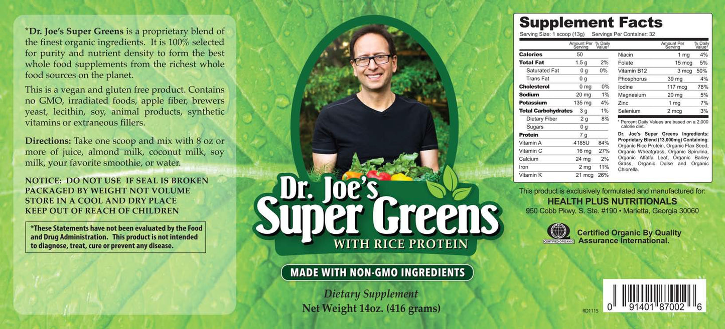 Dr. Joe's Super Greens - Vegan, Green, Superfood Powder with Rice Protein