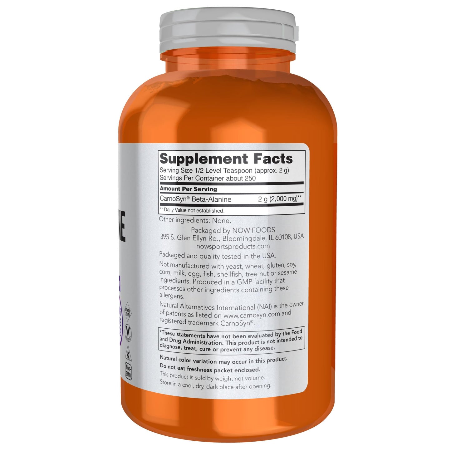 NOW Foods Sports Nutrition, Beta-Alanine Pure Powder 2,000 mg, Muscular Endurance*, 500 Grams