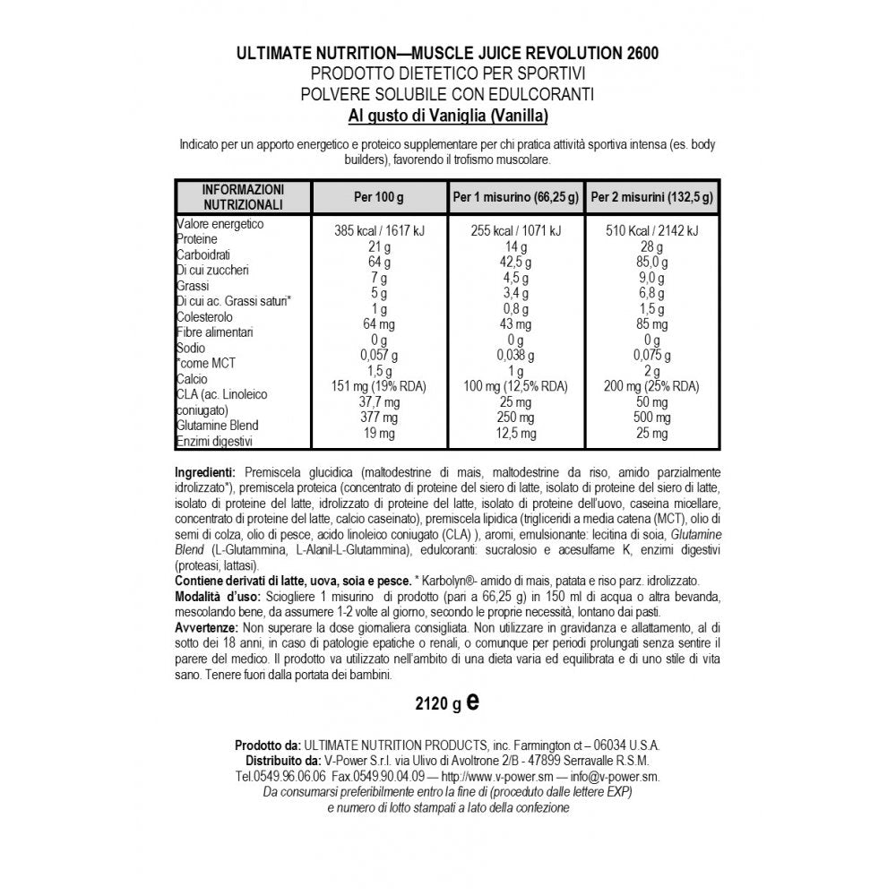 Ultimate Nutrition Muscle Juice Revolution 2600 Weight Gainer, Muscle Recovery with Glutamine, Micellar Casein, Time Release Complex Carbohydrates, Vanilla Protein Powder, 4.69 Pounds