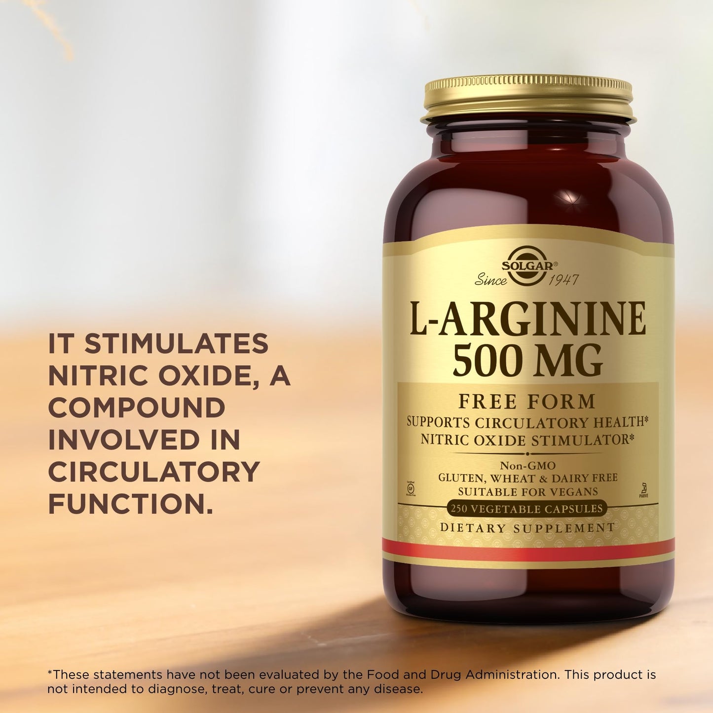 SOLGAR L-Arginine 500 mg - 250 Vegetable Capsules - Nitric Oxide Stimulator - Non-GMO, Vegan, Gluten Free, Dairy Free, Kosher - 250 Servings